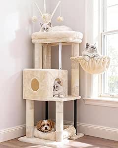 Árbol rascador para gatos Heybly de 115 cm con plataforma, cesta colgante y cueva