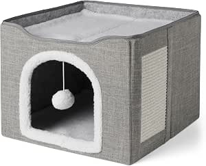 Casa para gatos Amazon Basics con rascador y plataforma superior
